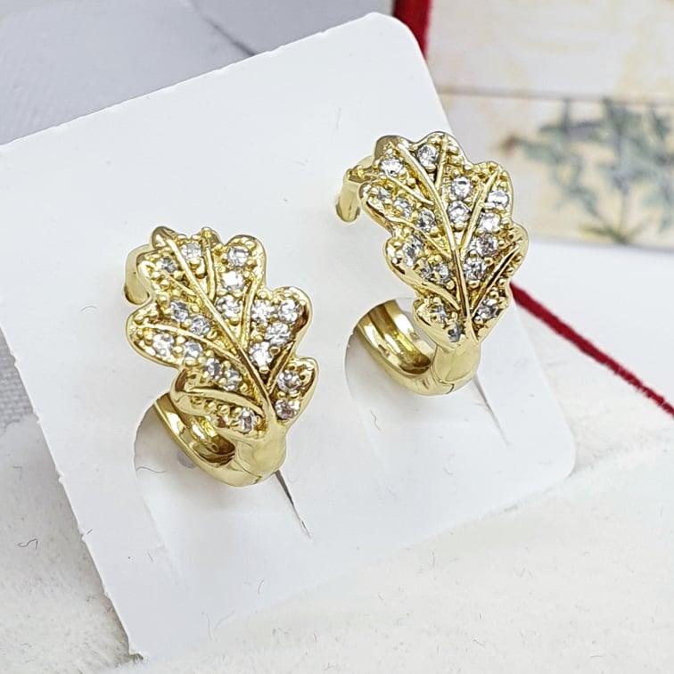 14 K Gold Plated leaf earrings with white zirconium - BIJUNET