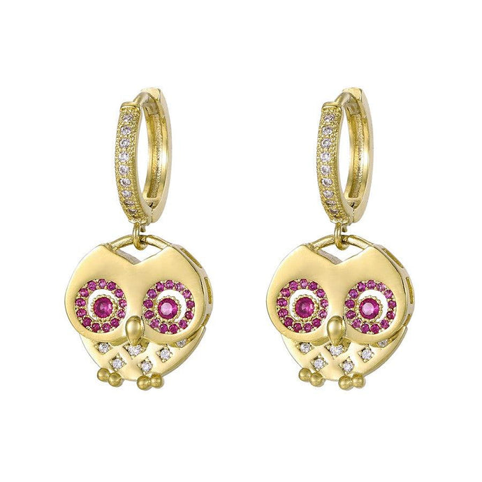 14 K Gold Plated Owl earrings with white and pink zirconium - BIJUNET