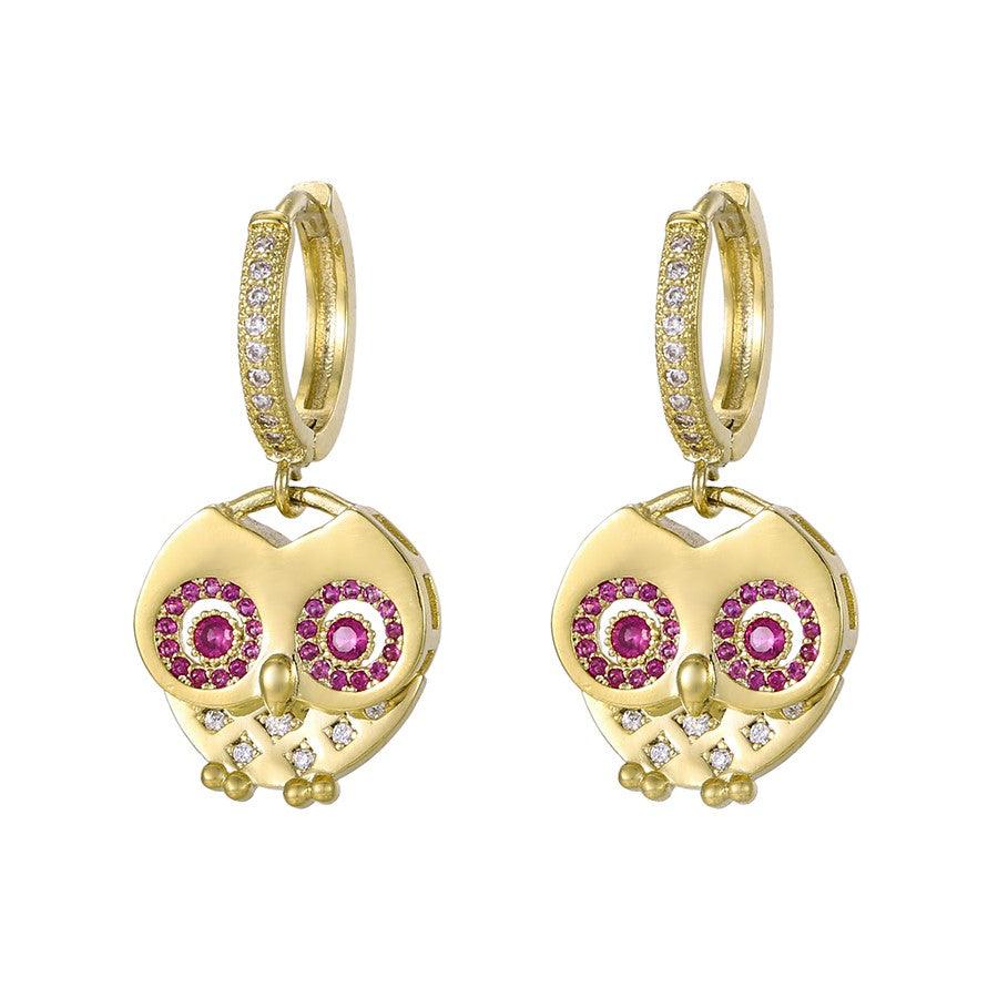 14 K Gold Plated Owl earrings with white and pink zirconium - BIJUNET