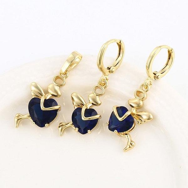 14 K Gold Plated pendant and earrings heart angel set with dark blue zirconium - BIJUNET