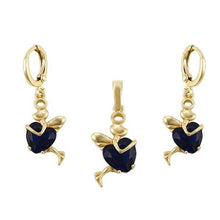 Load image into Gallery viewer, 14 K Gold Plated pendant and earrings heart angel set with dark blue zirconium - BIJUNET
