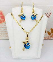 Charger l&#39;image dans la galerie, 14 K Gold Plated pendant and earrings heart angel set with light blue zirconium - BIJUNET
