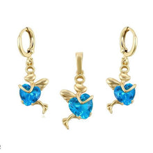 Load image into Gallery viewer, 14 K Gold Plated pendant and earrings heart angel set with light blue zirconium - BIJUNET
