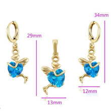 Cargar imagen en el visor de la galería, 14 K Gold Plated pendant and earrings heart angel set with light blue zirconium - BIJUNET
