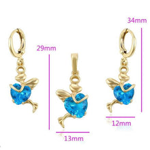 Load image into Gallery viewer, 14 K Gold Plated pendant and earrings heart angel set with light blue zirconium - BIJUNET

