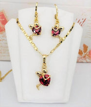 Load image into Gallery viewer, 14 K Gold Plated pendant and earrings heart angel set with red zirconium - BIJUNET
