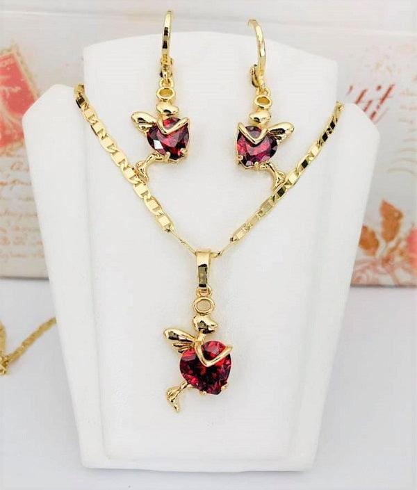 14 K Gold Plated pendant and earrings heart angel set with red zirconium - BIJUNET