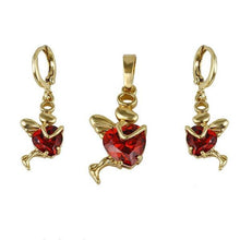 Load image into Gallery viewer, 14 K Gold Plated pendant and earrings heart angel set with red zirconium - BIJUNET
