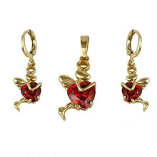 Charger l&#39;image dans la galerie, 14 K Gold Plated pendant and earrings heart angel set with red zirconium - BIJUNET
