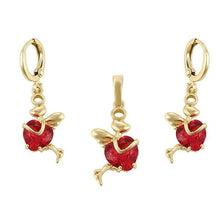 Load image into Gallery viewer, 14 K Gold Plated pendant and earrings heart angel set with red zirconium - BIJUNET
