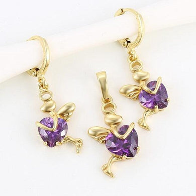 14 K Gold Plated pendant and earrings heart fairy set with purple zirconium - BIJUNET