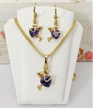 Load image into Gallery viewer, 14 K Gold Plated pendant and earrings heart fairy set with purple zirconium - BIJUNET

