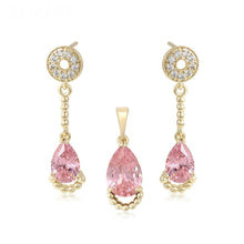 Cargar imagen en el visor de la galería, 14 K Gold Plated pendant and earrings set with pink zirconium - BIJUNET

