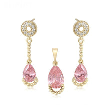 Load image into Gallery viewer, 14 K Gold Plated pendant and earrings set with pink zirconium - BIJUNET
