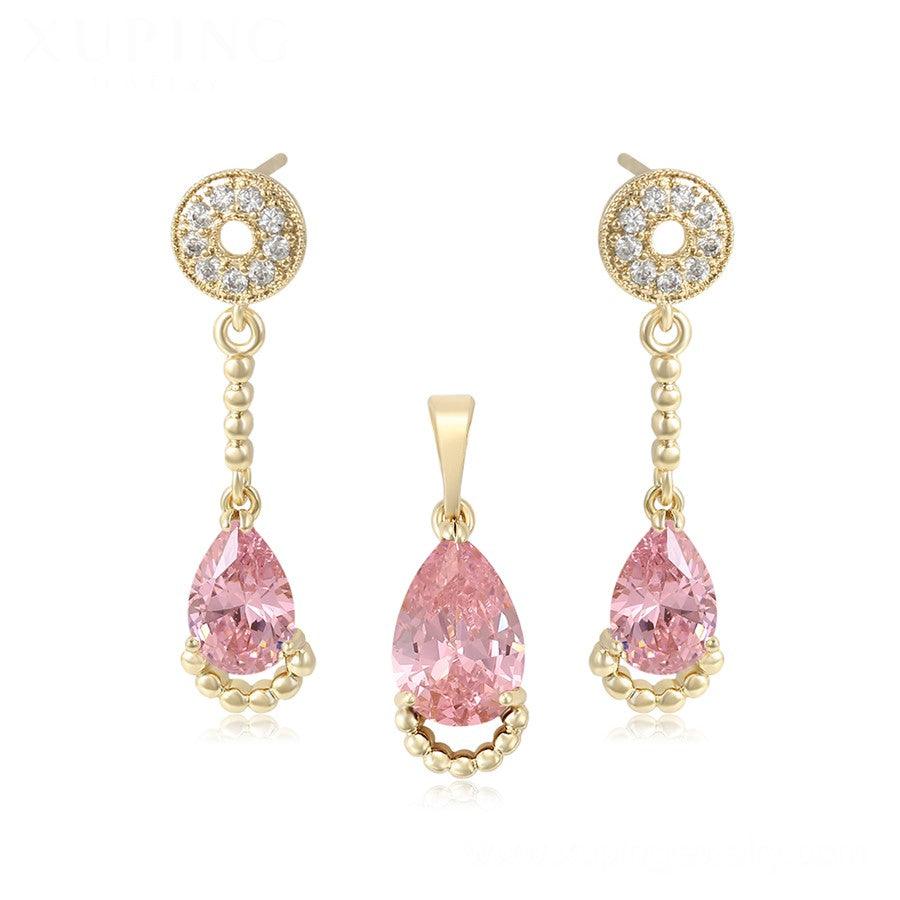 14 K Gold Plated pendant and earrings set with pink zirconium - BIJUNET