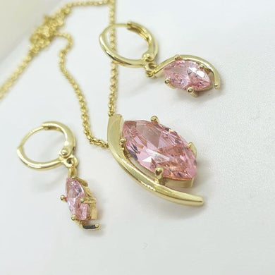 14 K Gold Plated pendant and earrings set with pink zirconium - BIJUNET