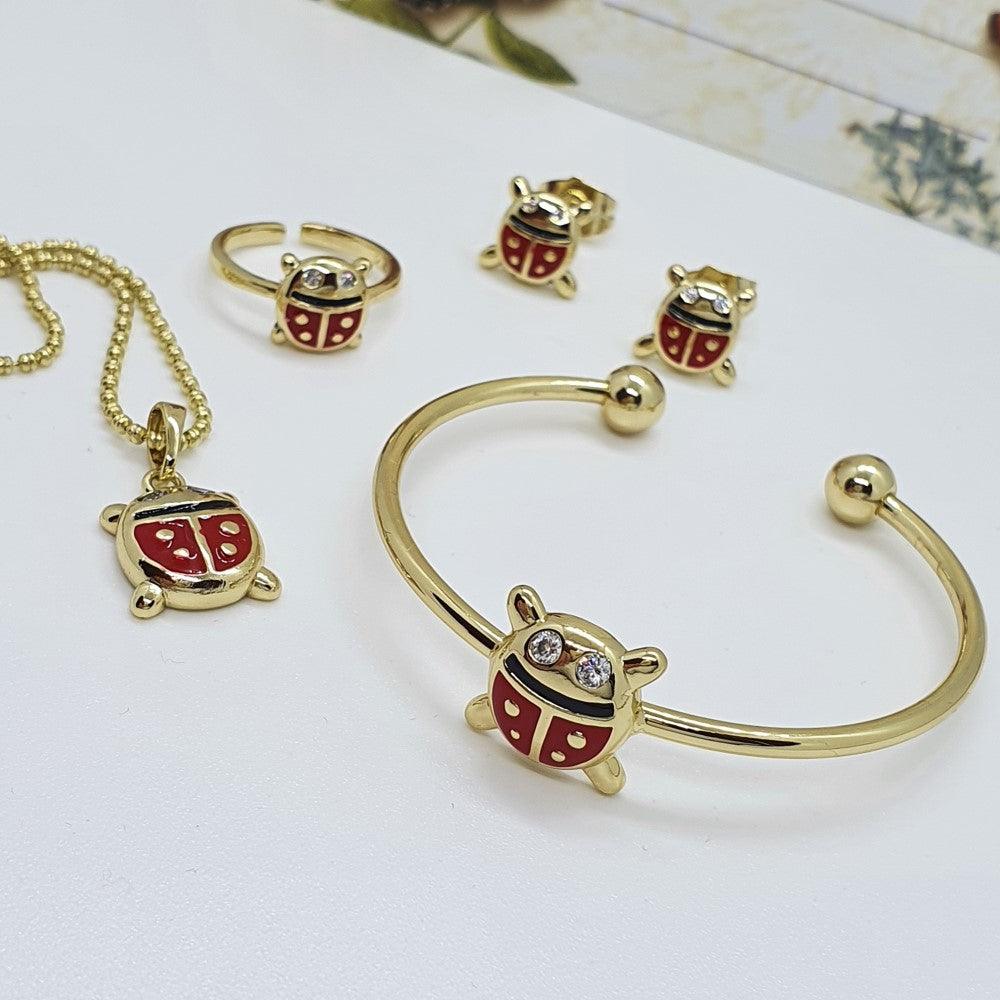 14 K Gold Plated pendant, ring, bracelet and earrings set with white zirconium - BIJUNET
