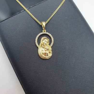 14 K Gold Plated pendant St Mary and Jesus with white zirconium - BIJUNET