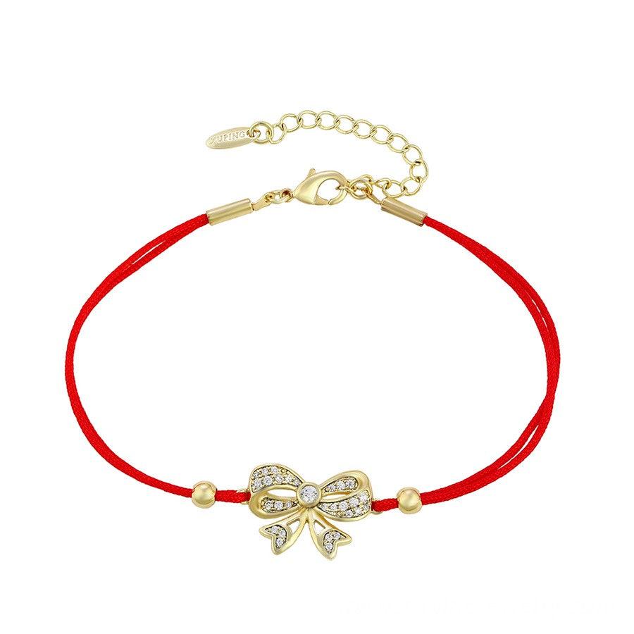 14 K Gold Plated red string bow bracelet with white zirconium - BIJUNET