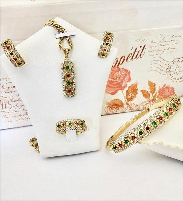 14 K Gold Plated ring, pendant, bracelet and earrings set with colored zirconium - BIJUNET
