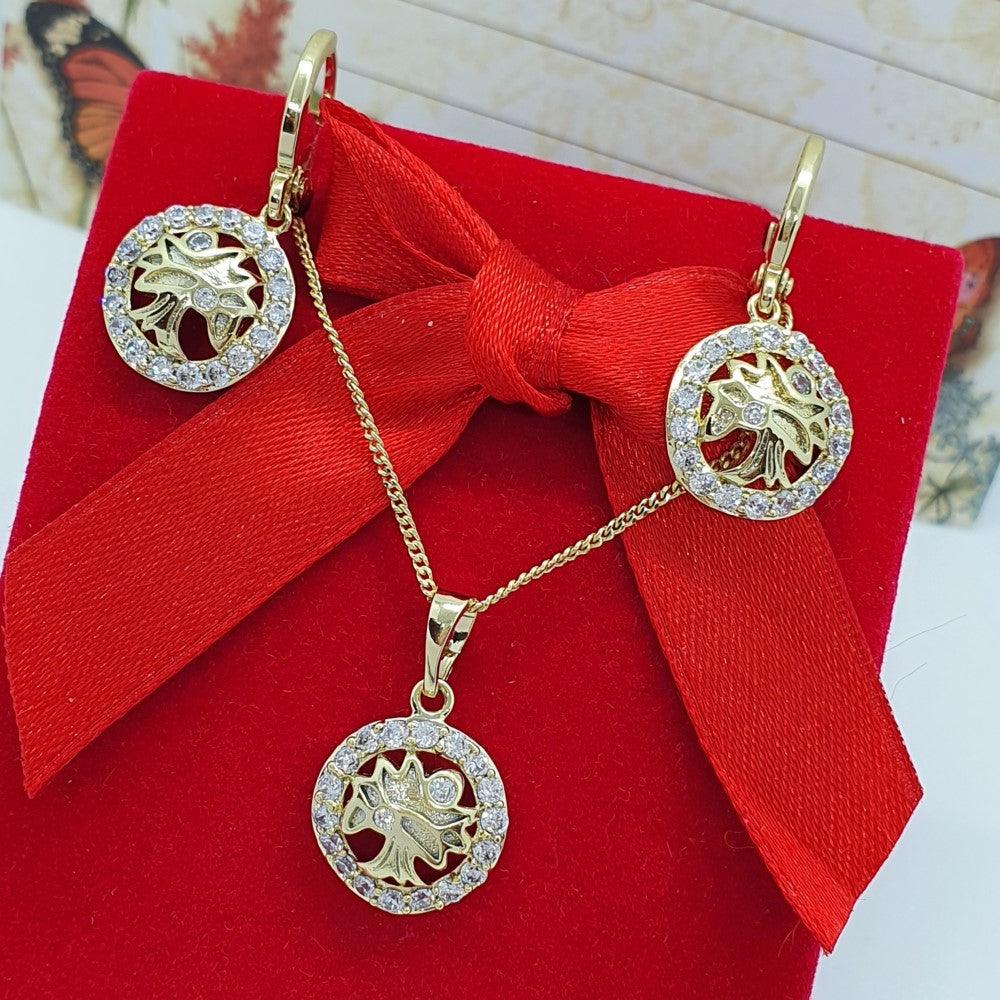 14 K Gold Plated tree of life pendant and earrings set with white zirconium - BIJUNET