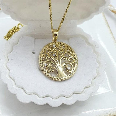 14 K Gold Plated Tree of Life pendant with white zirconium - BIJUNET
