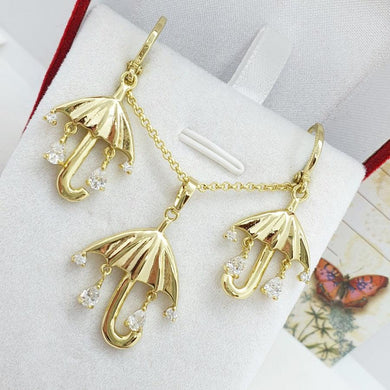 14 K Gold Plated umbrella pendant and earrings set with white zirconium - BIJUNET
