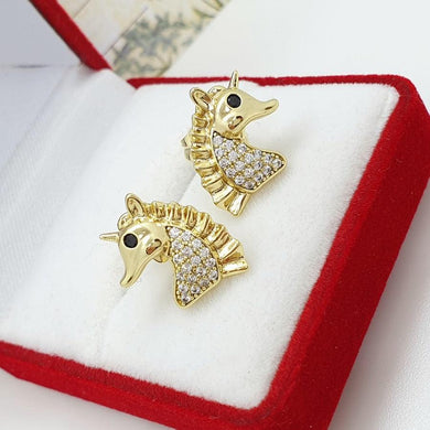 14 K Gold Plated Unicorns earrings with white zirconium - BIJUNET