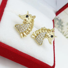 Cargar imagen en el visor de la galería, 14 K Gold Plated Unicorns earrings with white zirconium - BIJUNET
