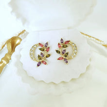 Load image into Gallery viewer, 14 K  Gold Plated flower earrings with coloured zirconia
