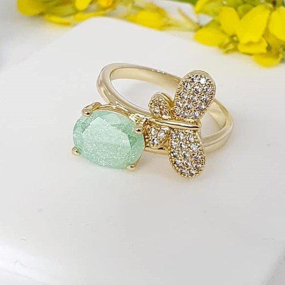 14 K Gold Plated butterfly ring with light green zirconium - BIJUNET