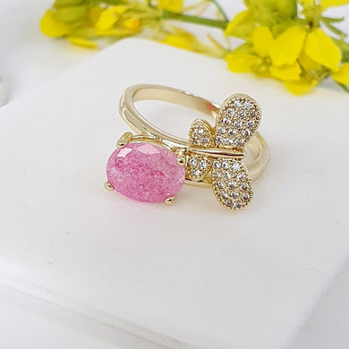 14 K Gold Plated butterfly ring with pink zirconium - BIJUNET