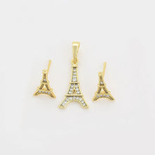 Cargar imagen en el visor de la galería, 14 K Gold Plated Eiffel Tower pendant and earrings set with white zirconia
