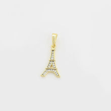 Cargar imagen en el visor de la galería, 14 K Gold Plated Eiffel Tower pendant and earrings set with white zirconia
