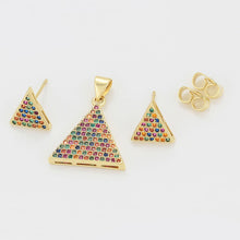 Cargar imagen en el visor de la galería, 14 K Gold Plated pyramid pendant and earrings set with multicoloured zirconia
