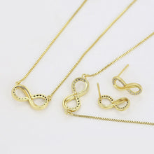 Load image into Gallery viewer, 14 K Gold Plated infinity necklace, bracelet and earrings set with white zirconium
