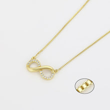 Load image into Gallery viewer, 14 K Gold Plated infinity necklace, bracelet and earrings set with white zirconium
