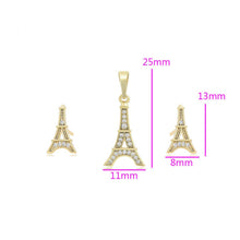 Cargar imagen en el visor de la galería, 14 K Gold Plated Eiffel Tower pendant and earrings set with white zirconia
