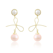 Load image into Gallery viewer, 14 K Gold Plated drop bow earrings with light rose pearl
