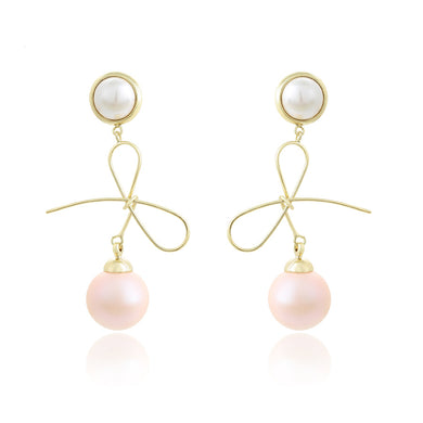 14 K Gold Plated drop bow earrings with light rose pearl