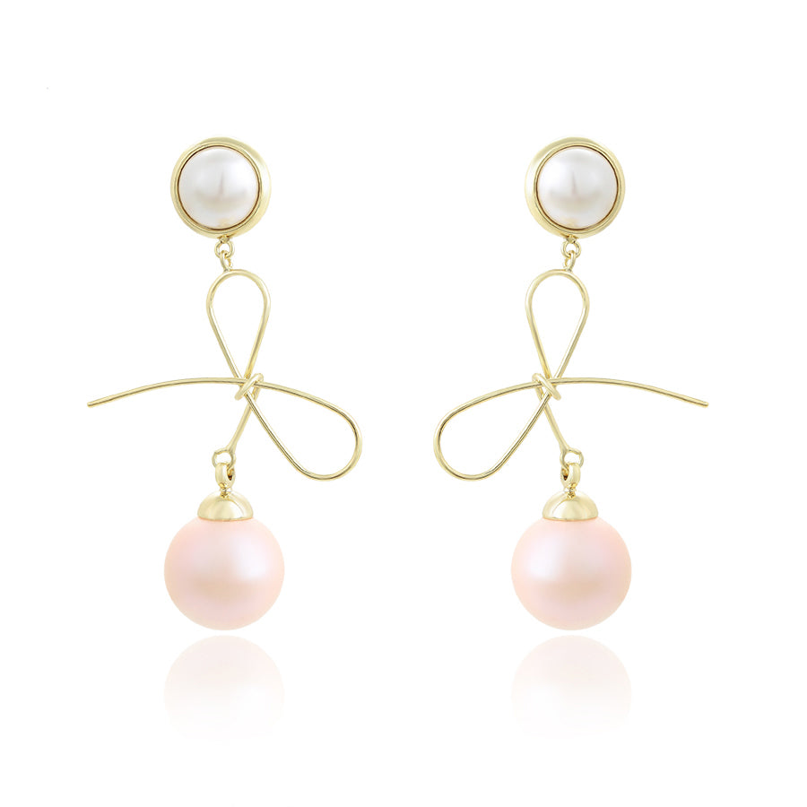 14 K Gold Plated drop bow earrings with light rose pearl