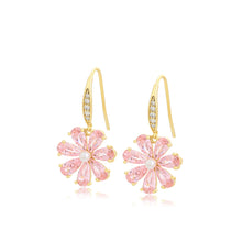 Load image into Gallery viewer, 14 K Gold Plated drop flower earrings with pink zirconia
