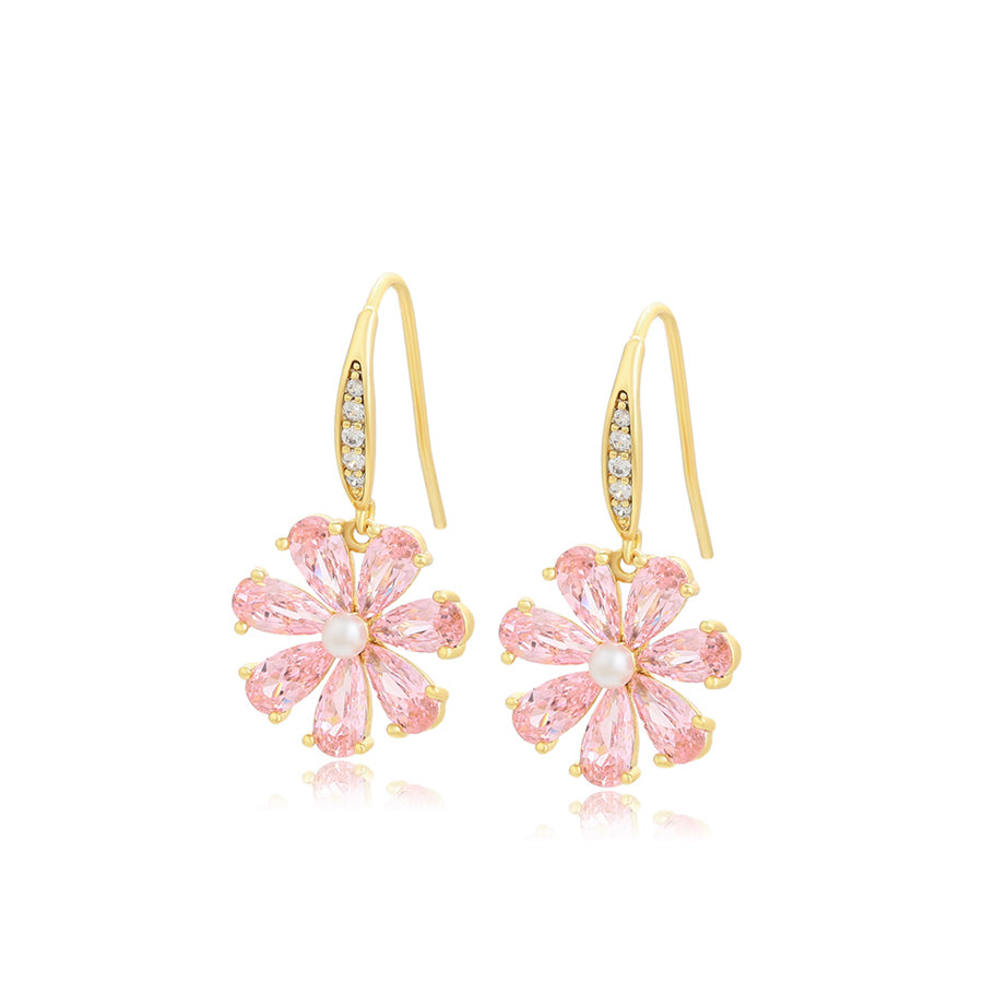 14 K Gold Plated drop flower earrings with pink zirconia