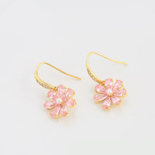 Load image into Gallery viewer, 14 K Gold Plated drop flower earrings with pink zirconia
