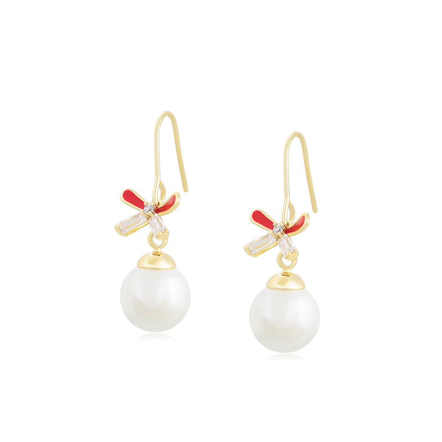 14 K Gold Plated drop flower earrings with white pearl and zirconia