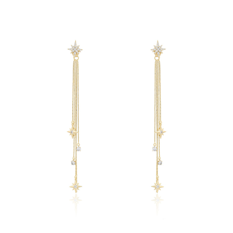 14 K Gold Plated stars drop waterfall earrings with white zirconia