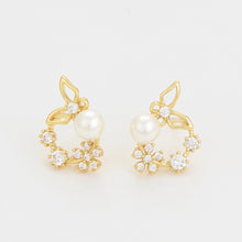 Load image into Gallery viewer, 14 K Gold Plated butterfly flower earrings with white zirconia
