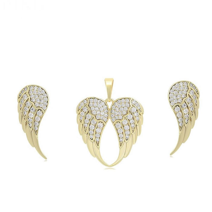 14 K Gold Plated angel wings pendant and earrings set with white zirconia