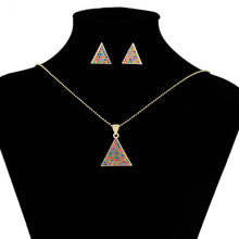 Cargar imagen en el visor de la galería, 14 K Gold Plated pyramid pendant and earrings set with multicoloured zirconia
