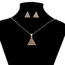 Load image into Gallery viewer, 14 K Gold Plated pyramid pendant and earrings set with multicoloured zirconia
